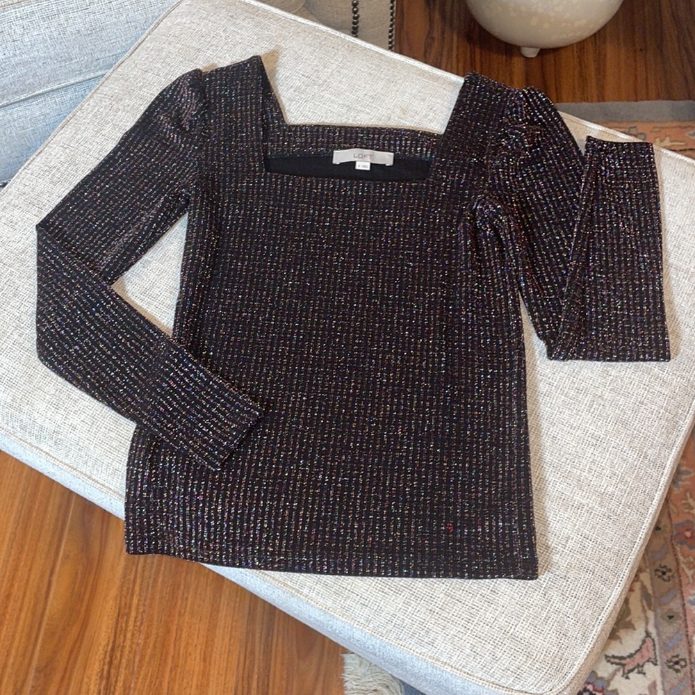 LOFT Square Neck Multicolor Sparkle Thread Ribbed Long Sleeve Top Small NWOT